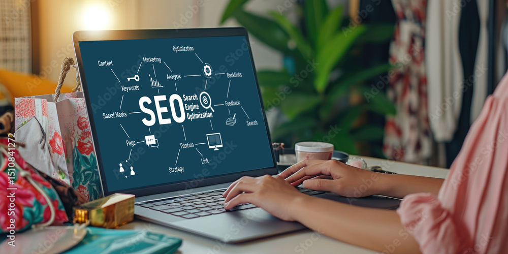 Poster seo search engine optimization for brisk e-commerce and online retail business showing on computer s