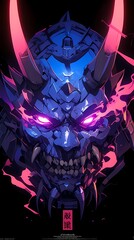 Anime illustration of demon fantasy character with glowing purple eyes and horns