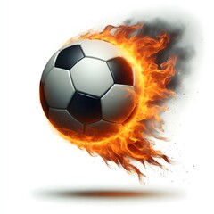 Naklejka premium A soccer ball flying with burning fire flame, isolated on white background
