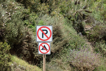 No U-turn and no parking signs posted at a turnout on Highway 1 in Big Sur amid dense roadside...