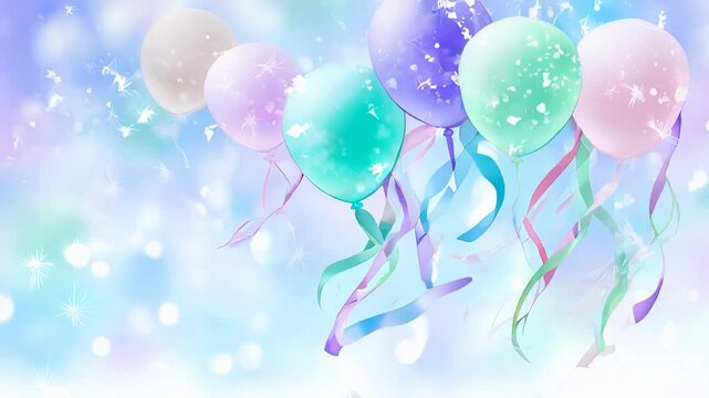Colorful balloons in pastel shades float against a dreamy blue background, surrounded by sparkling stars and festive ribbons, creating a joyful celebration atmosphere