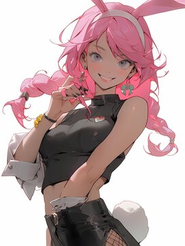 Playful pink-haired character rabbit ears tail anime illustration