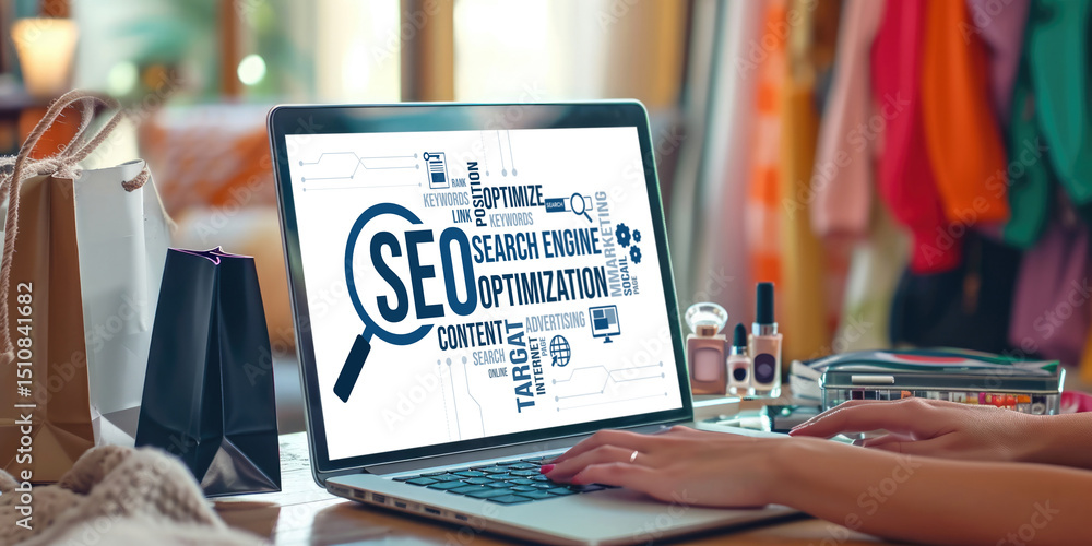 Poster seo search engine optimization for brisk e-commerce and online retail business showing on computer s