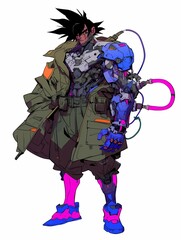A cyborg stands with quiet intensity, its body a blend of organic and mechanical parts, with a striking arm and gaze directed at the viewer.