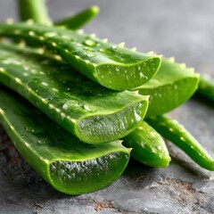 Fresh Aloe Vera Leaves with Water Drops on Dark Background