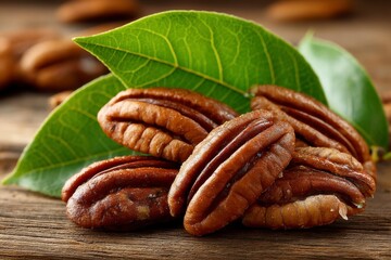 Fresh Pecans with Green Leaves on Rustic Wooden Background