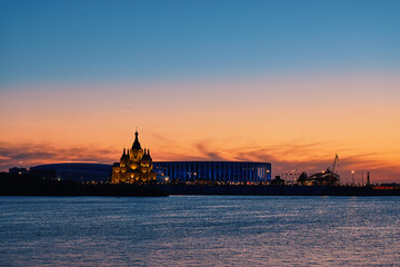 Fototapeta premium Twilight Lights at Alexander Nevsky Cathedral and Stadium, Nizhny Novgorod