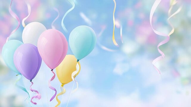 Colorful balloons in pastel shades float against a dreamy blue background, surrounded by sparkling stars and festive ribbons, creating a joyful celebration atmosphere