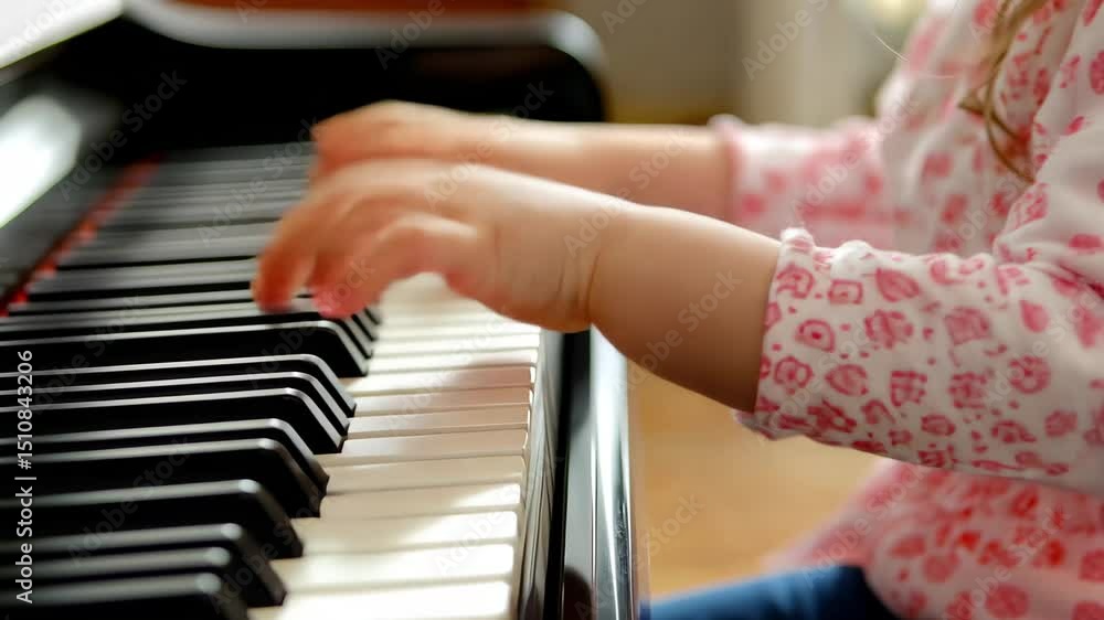 Poster Child enjoys playing piano while focusing on their hands in a warm and inviting room, A child playing the piano with a focus on their hands and the keyboard