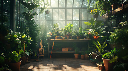 Sunlit Greenhouse with Lush Plants and Wooden Shelves