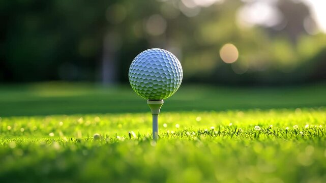 Closeup view of golf ball on tee amidst lush green grass in a sunny outdoor setting, Close up golf ball on tee with a green grass background