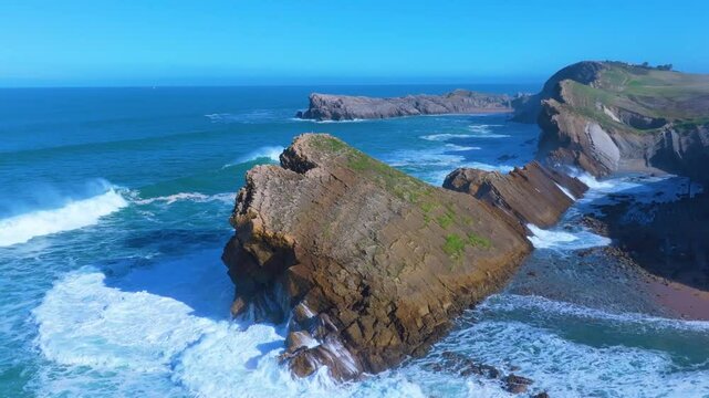 Waves on the cliffs of Madero Beach in the Dunes of Liencres Natural Park. Liencres, Pi&eacute;lagos Municipality, Costa Quebrada Geopark, Cantabrian Sea, Cantabria, Spain, Europe
