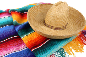 A traditional sombrero hat and a colorful woven blanket isolated on a transparent background, showcasing vibrant Mexican cultural elements
