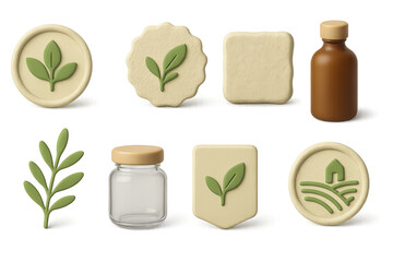 Organic Product Icons. 3D icon set of organic product branding: natural logo, leaf badge, raw texture, brown