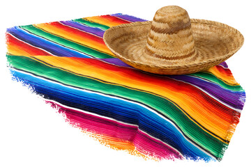 A traditional sombrero hat and a colorful woven blanket isolated on a transparent background, showcasing vibrant Mexican cultural elements
