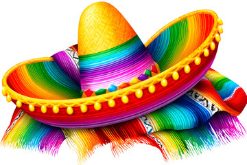 A traditional sombrero hat and a colorful woven blanket isolated on a transparent background, showcasing vibrant Mexican cultural elements
