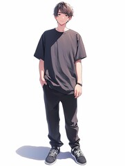 Naklejka premium Anime illustration of a young man standing confidently against a white background, dressed in a black outfit, with a relaxed demeanor and a stylish, youthful appearance.
