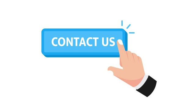 Hand clicking contact us button with white and green screen background