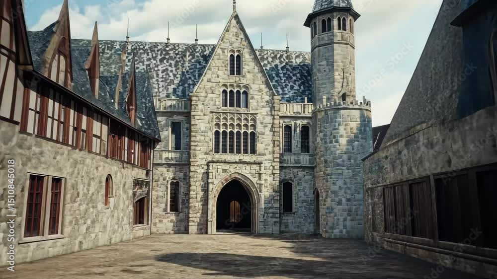 Poster expansive castle courtyard with towering spires surrounded by medieval architecture and cobblestone 