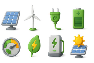 Renewable Energy Icons. 3D icon set of renewable energy visuals: solar panel, wind turbine, green plug,