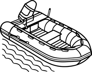 Inflatable motor boat outline rigid hull dinghy with outboard engine on wavy water nautical transport line art
