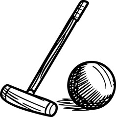 Croquet mallet and ball illustration hand drawn vintage sport equipment classic outdoor lawn game silhouette