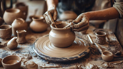 Potter shaping clay on a pottery wheel, surrounded by various ceramic pieces