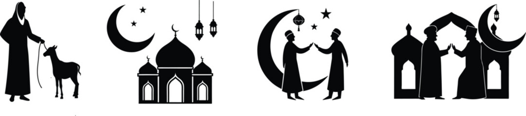 Silhouette illustration set of people celebrating Islamic eid festival. Mosque, crescent moon and arabic lanterns vector illustration
