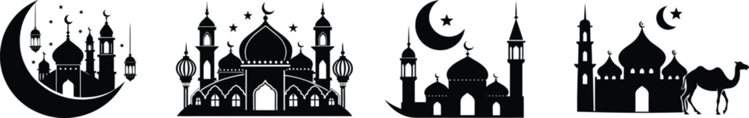 Black silhouette set of crescent moon with mosque and arabic lanterns depicting a traditional eid ul adha festival 