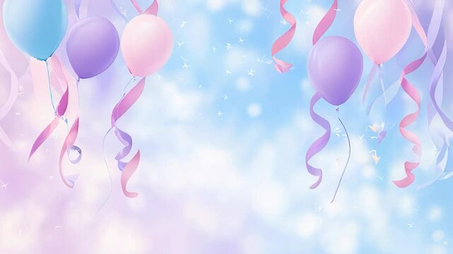 Colorful balloons in pastel shades float against a dreamy blue background, surrounded by sparkling stars and festive ribbons, creating a joyful celebration atmosphere