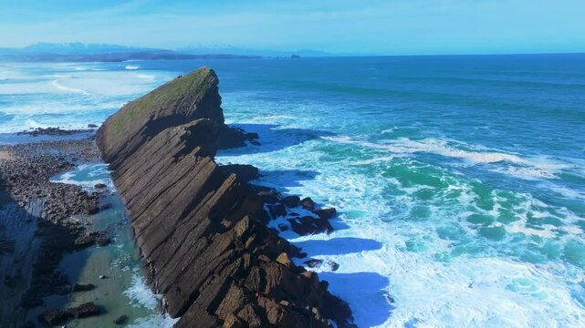 Waves on the cliffs of Madero Beach in the Dunes of Liencres Natural Park. Liencres, Pi&eacute;lagos Municipality, Costa Quebrada Geopark, Cantabrian Sea, Cantabria, Spain, Europe