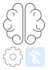 Brain divided in two halves with gear and running figure beneath suggest thinking, innovation, efficiency, and movement. Ideal for mindfulness, teamwork, productivity, education, mental health