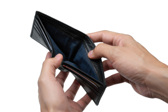 Empty wallet in hands showing financial trouble