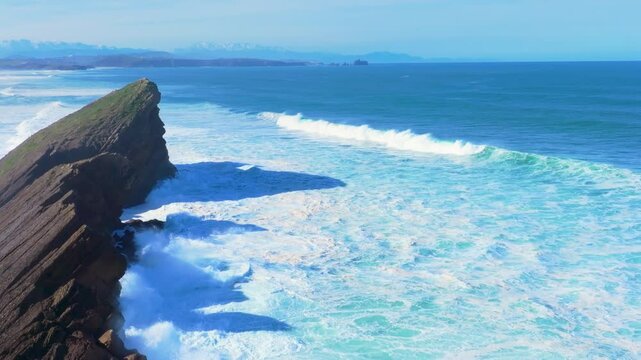 Waves on the cliffs of Madero Beach in the Dunes of Liencres Natural Park. Liencres, Pi&eacute;lagos Municipality, Costa Quebrada Geopark, Cantabrian Sea, Cantabria, Spain, Europe