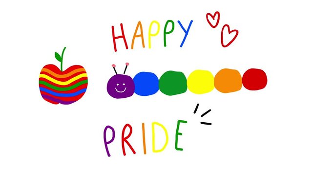 Animated smiling rainbow worm and apple with colorful "Happy Pride" text on white background for Pride Month
