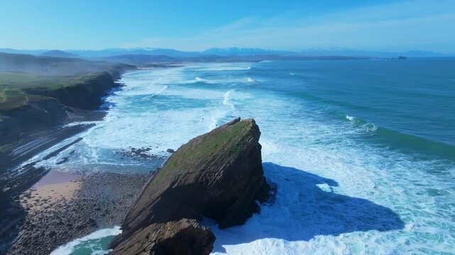 Waves on the cliffs of Madero Beach in the Dunes of Liencres Natural Park. Liencres, Pi&eacute;lagos Municipality, Costa Quebrada Geopark, Cantabrian Sea, Cantabria, Spain, Europe