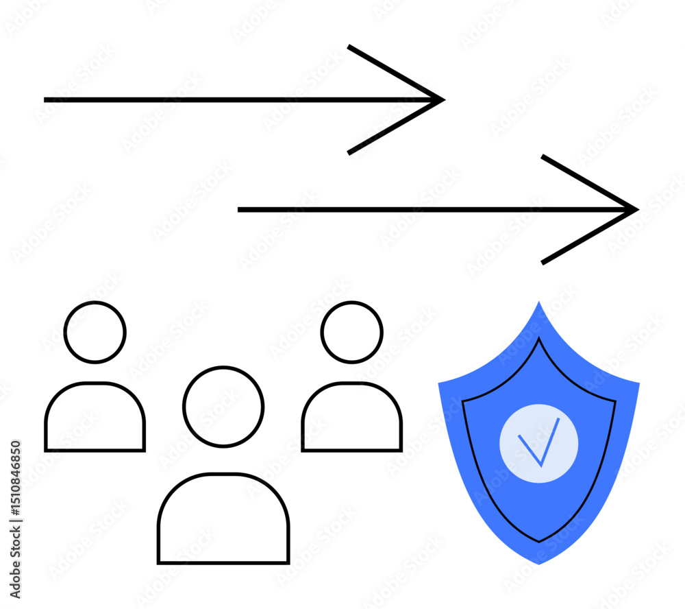 Poster abstract representation of data movement with arrows, user icons, and a secure shield with a checkma