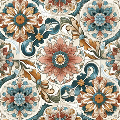 Ceramic floor design with flower motifs in various colors