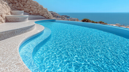 High resolution curved swimming pool edge with crystal clear blue water creating luxurious resort pool design inspiration for hospitality marketing travel brochures and wellness blogs