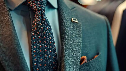 Classic suit and tie close up showcasing elegant craftsmanship in a tailored men's outfit, Closeup of a classic suit and tie combo in a men clothing store, epitome of business fashion
