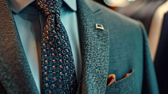 Classic suit and tie close up showcasing elegant craftsmanship in a tailored men's outfit, Closeup of a classic suit and tie combo in a men clothing store, epitome of business fashion