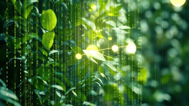 Digital binary code interwoven with vibrant green foliage in a natural setting, Digital binary code overlaying lush green foliage with glowing light particles