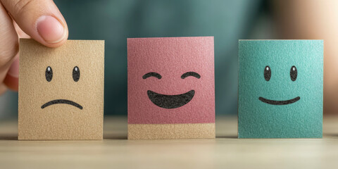 Colorful Emoticon Satisfaction Feedback Concept with Selectable Happy Face for User Experience Design