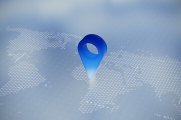 Futuristic 3D location pin over stylized digital world map with hexagonal grid and tech elements. Concept for global navigation, innovation delivery, data tracking, or international connectivity