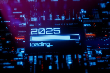 New 2025 year progress bar on digital lcd display with reflection. Concept of new year, annual plan, growth strategy, business planning, investment trends and strategy road map.