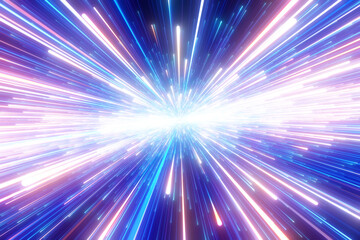 Bright radial light beams. Abstract background in blue and orange neon glow color. Light burst in universe. Space background for event, party, carnival, celebration, anniversary or other. 3D rendering