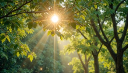 Sunlight filtering lush green trees