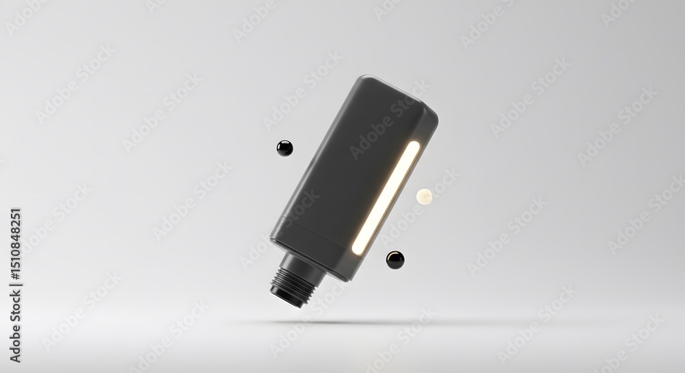 Poster sleek black product mockup with glowing element and floating spheres in minimalist studio setting