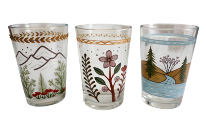 Three hand painted decorated clear drinking glasses with nature themed landscapes Isolated On White Transparent Background PNG File Cut Out Social Media Advertisement HD photo Banner Label poster.