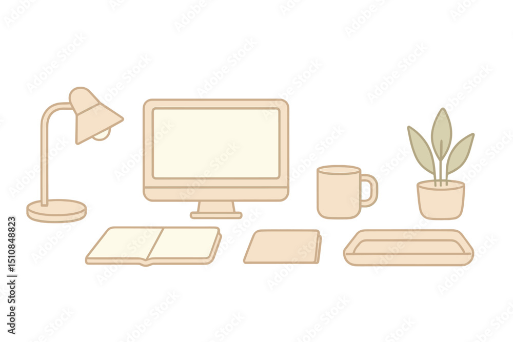 Poster workspace setup includes a computer, lamp, notebook, and plant in a minimalistic design for producti